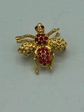 Red Rhinestone Gold tone bee pin