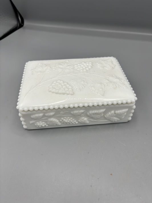 Westmoreland beaded Milk glass grape cigarette box