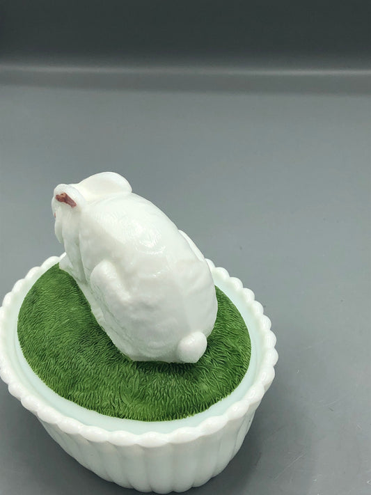 Westmorland milk glass painted rabbit dish
