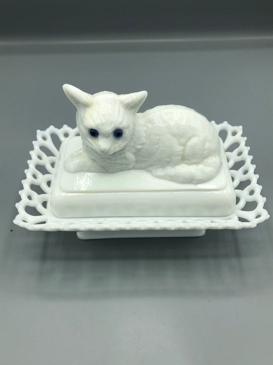 Antique Westmoreland milk glass cat in a basket dish