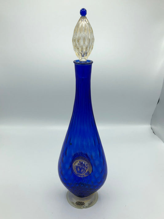 Art glass blue & gold decanter with stopper