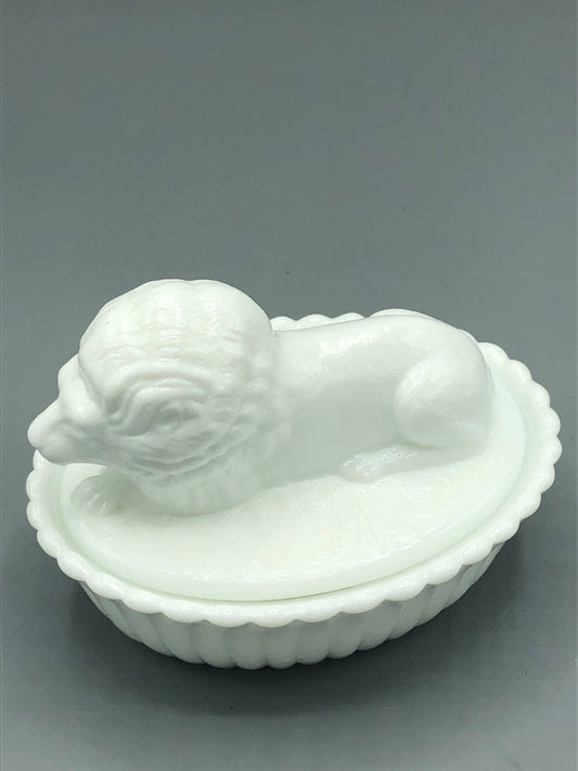 Westmoreland  milk glass lion on basket