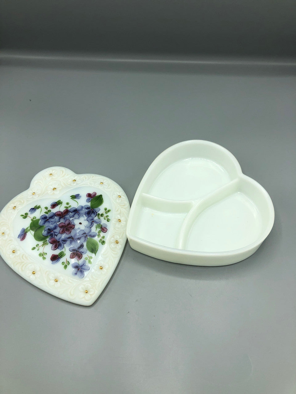 Vintage milk glass divided lid Pansy heart dish