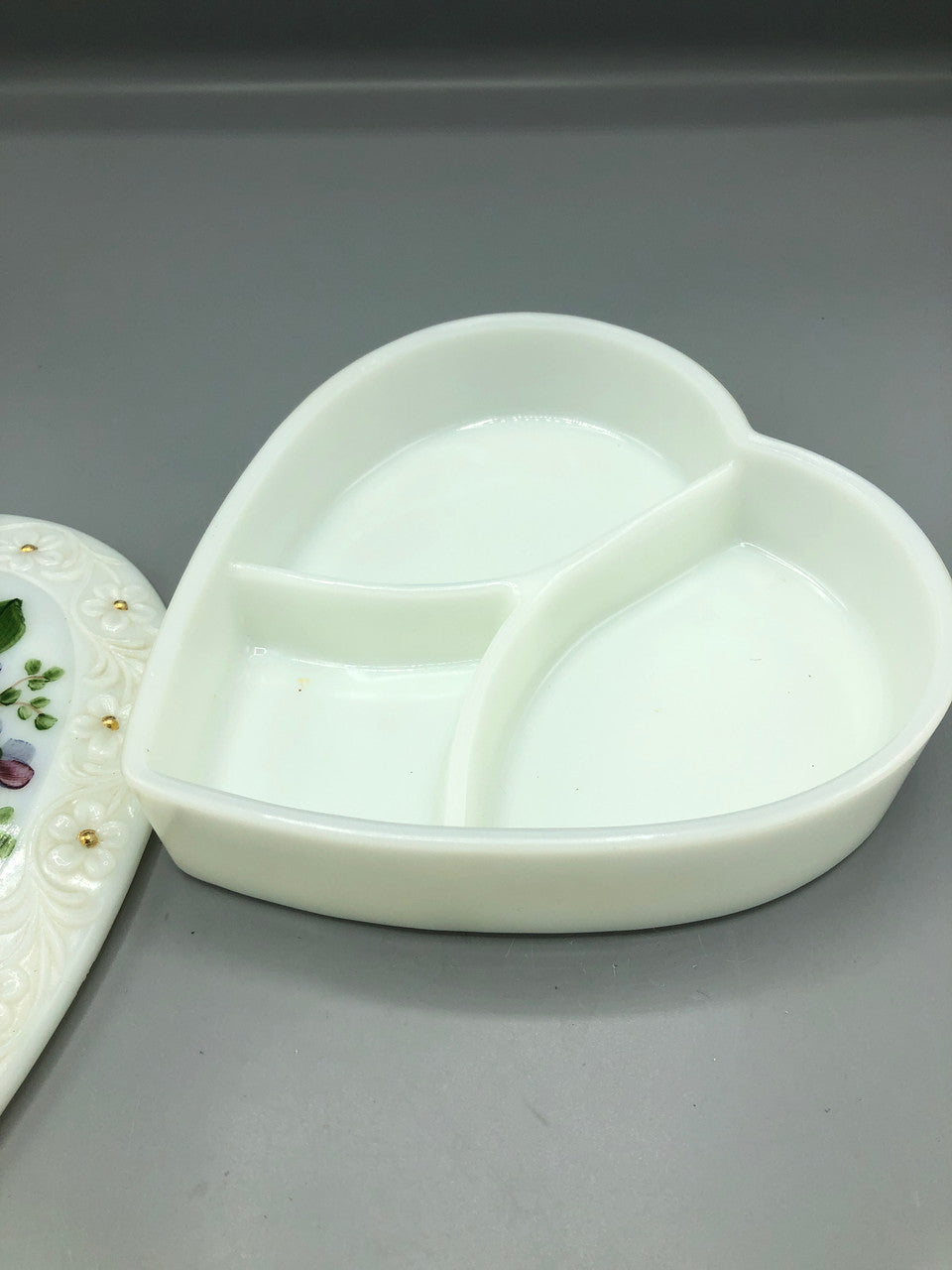 Vintage milk glass divided lid Pansy heart dish