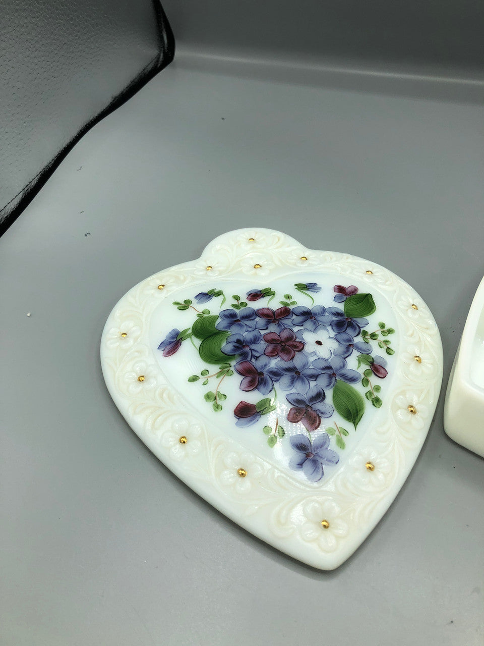 Vintage milk glass divided lid Pansy heart dish