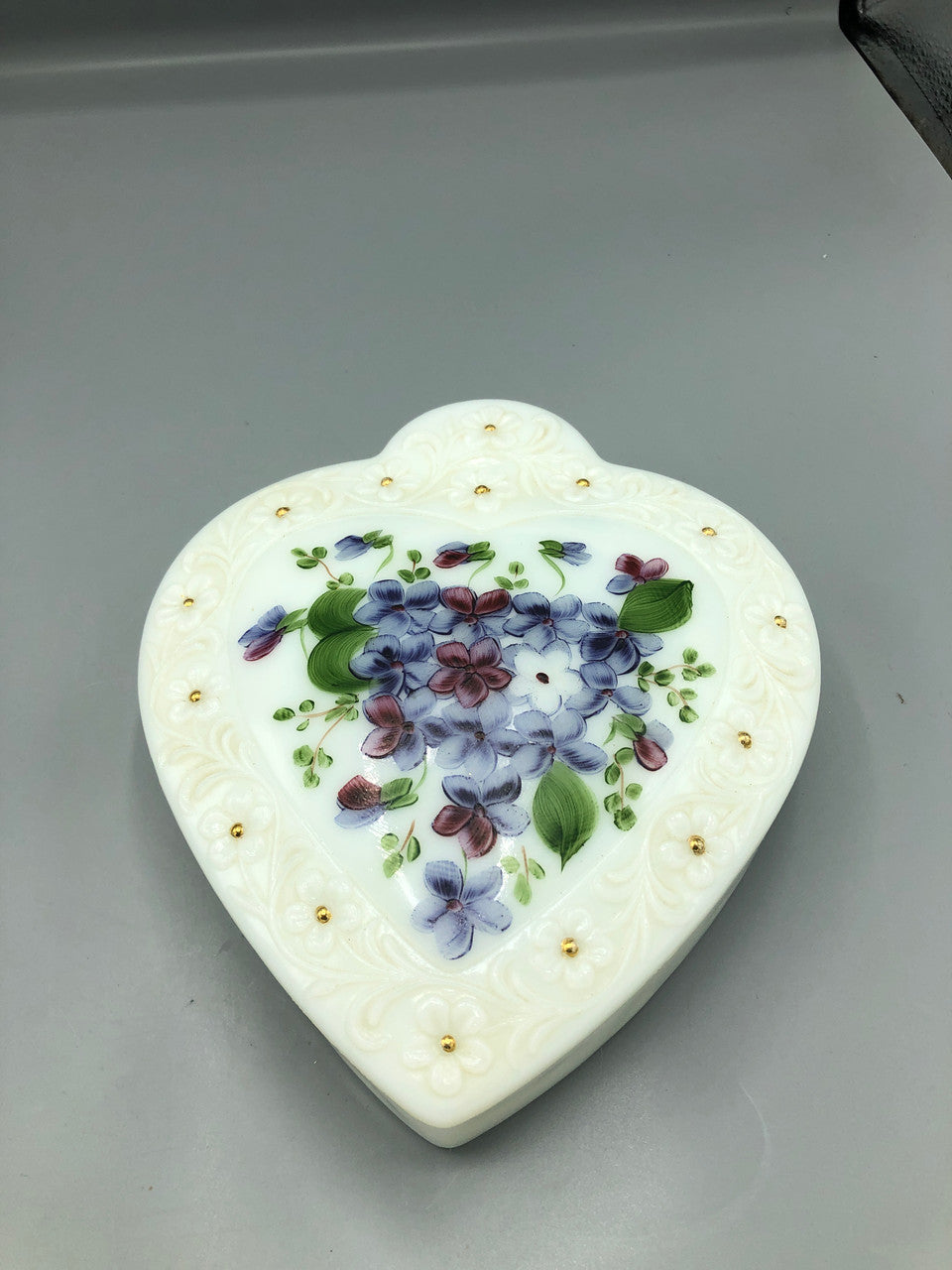 Vintage milk glass divided lid Pansy heart dish