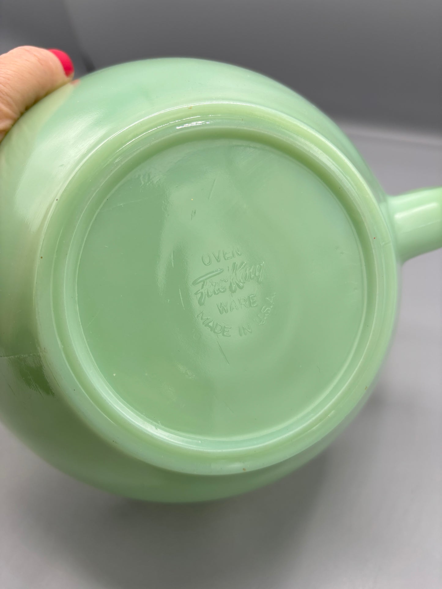 Vintage Fire King Jadeite mixing bowl with handle