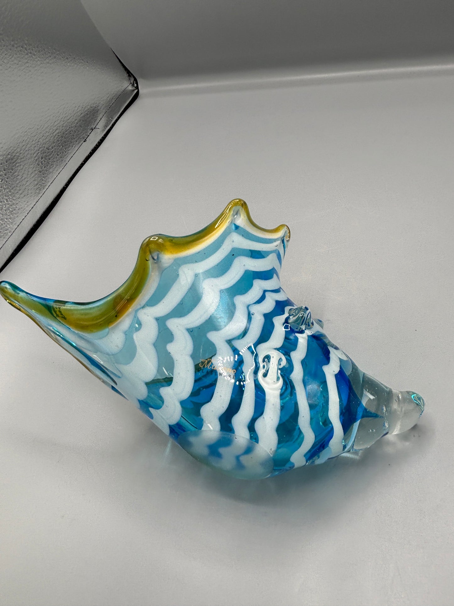 Murano art glass yellow & blue conch shell