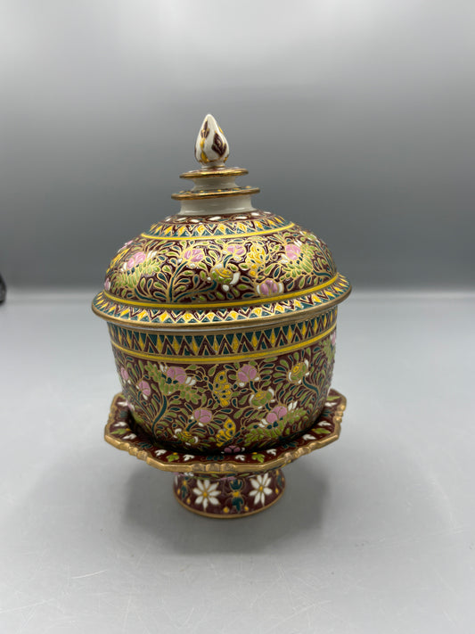 Thai Benjarayo lidded jar on pedestal hand painted scrollwork Thailand