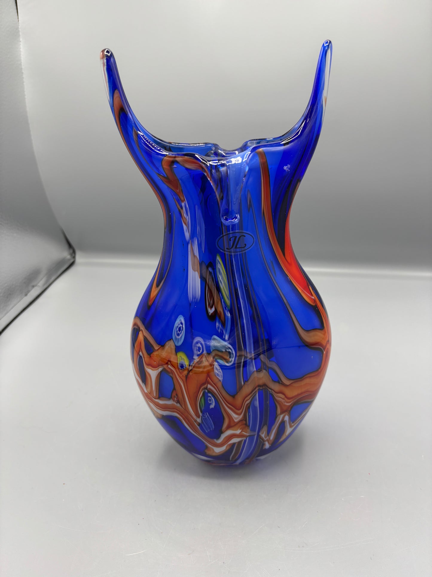 Vintage Blue art glass abstract orange & white swirl with horns