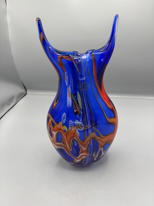 Vintage Blue art glass abstract orange & white swirl with horns
