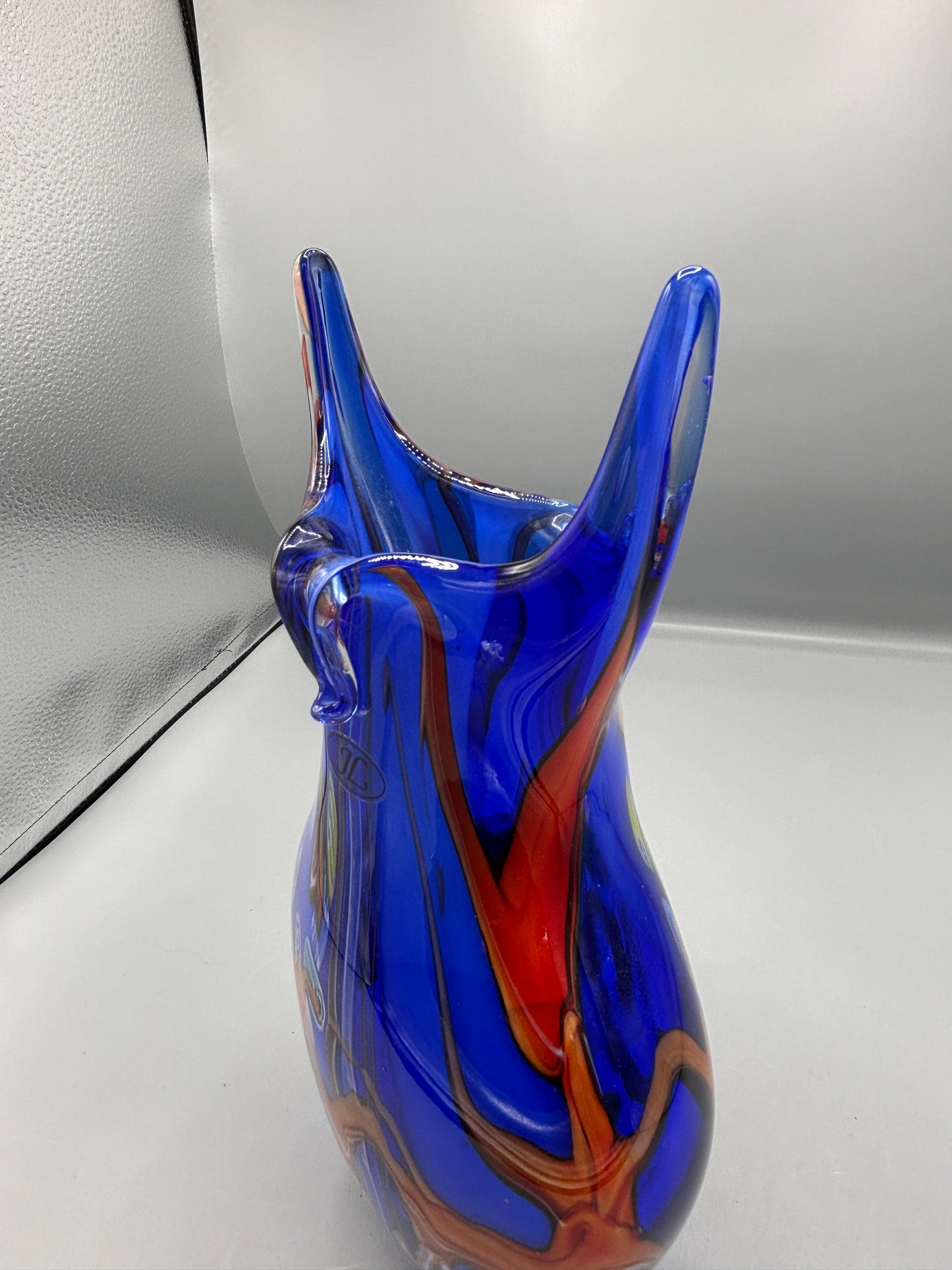 Vintage Blue art glass abstract orange & white swirl with horns