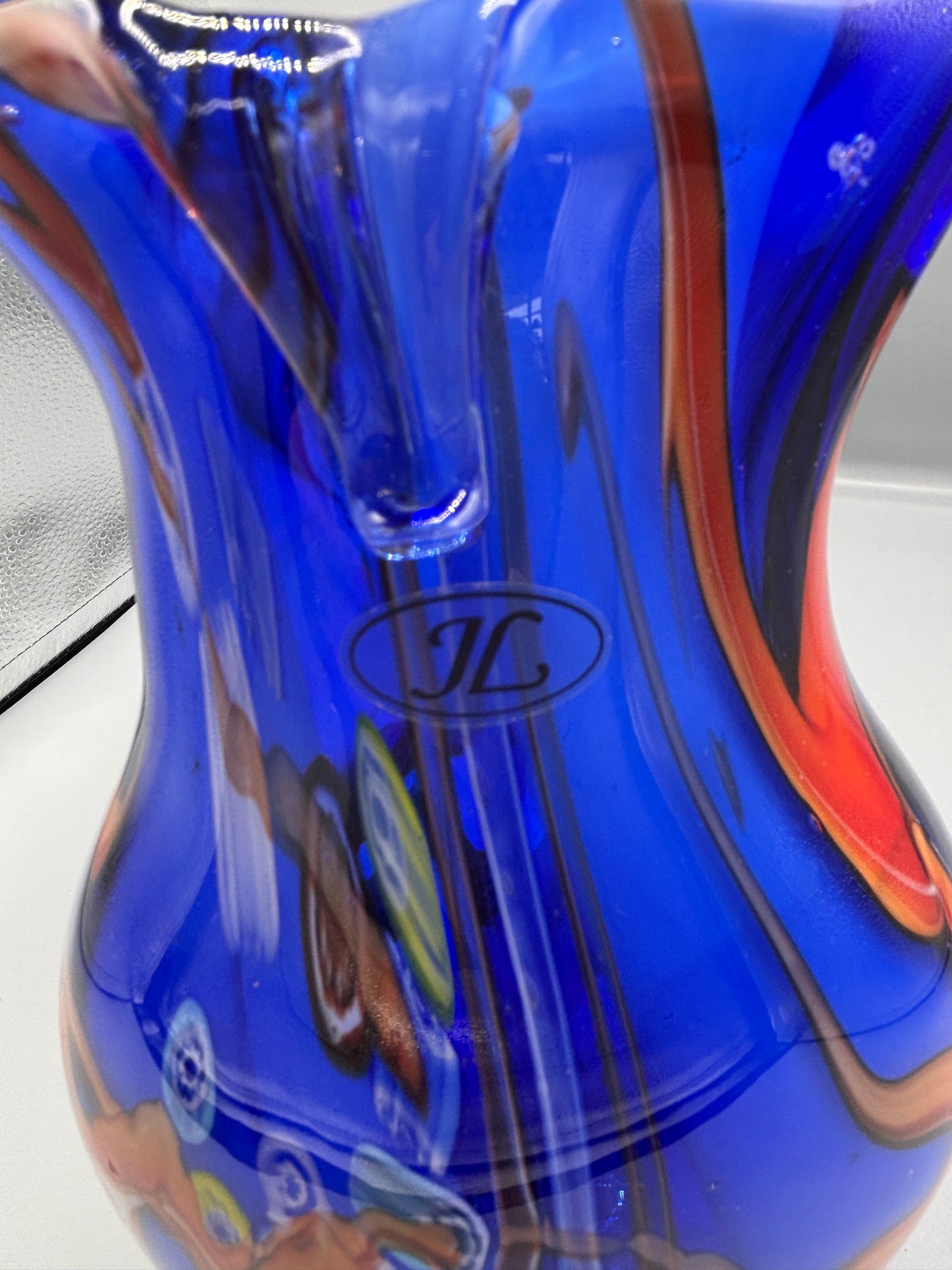 Vintage Blue art glass abstract orange & white swirl with horns