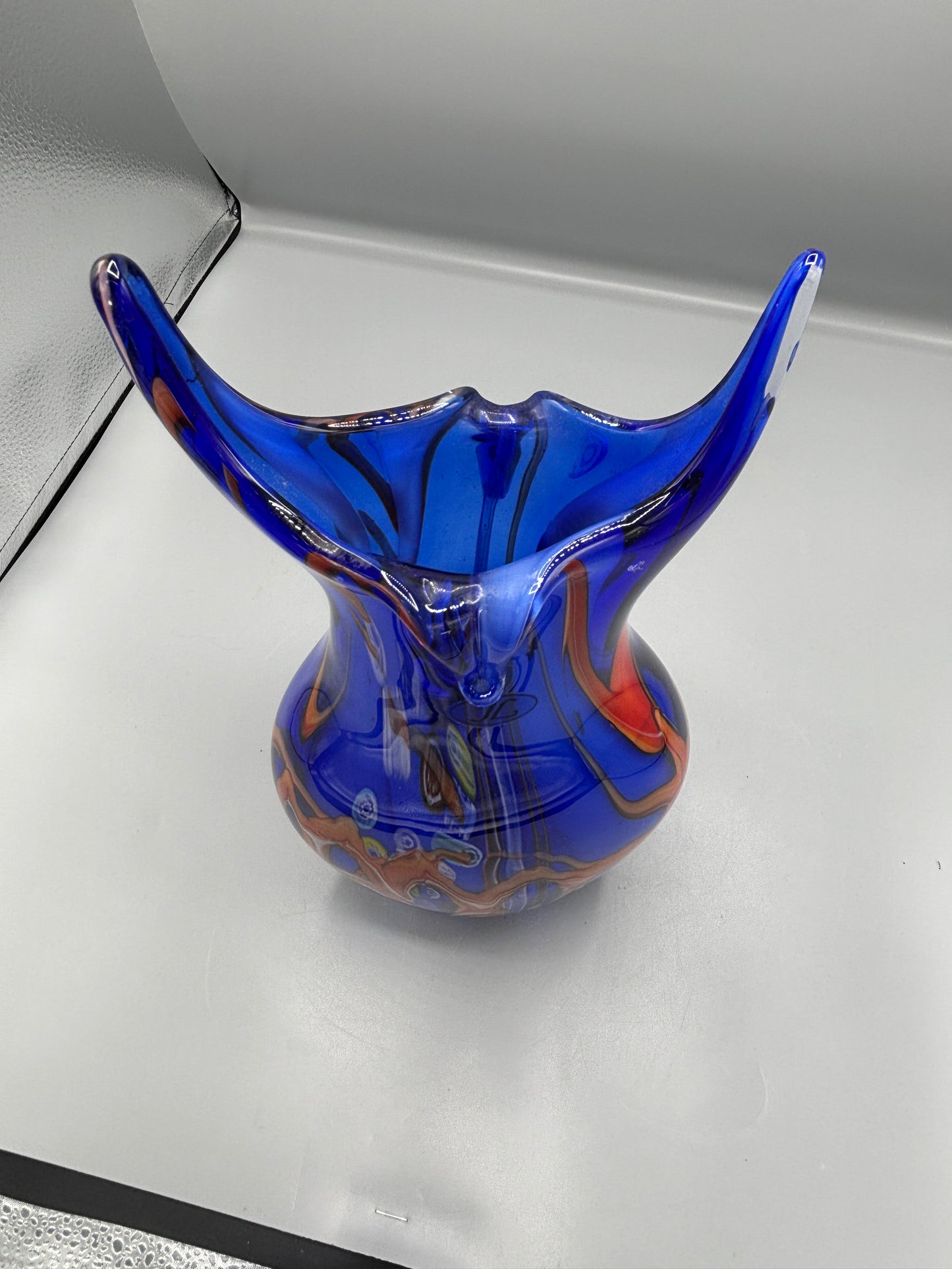 Vintage Blue art glass abstract orange & white swirl with horns