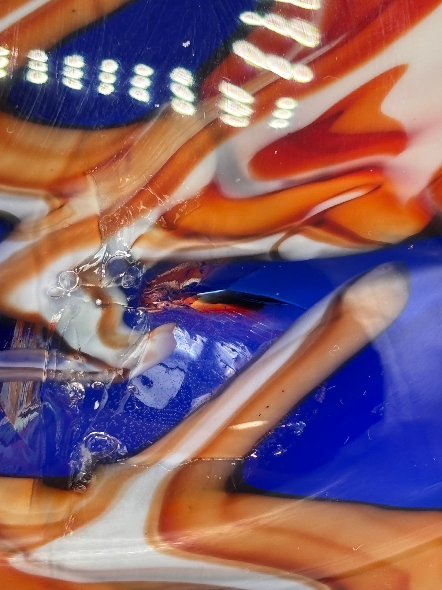 Vintage Blue art glass abstract orange & white swirl with horns