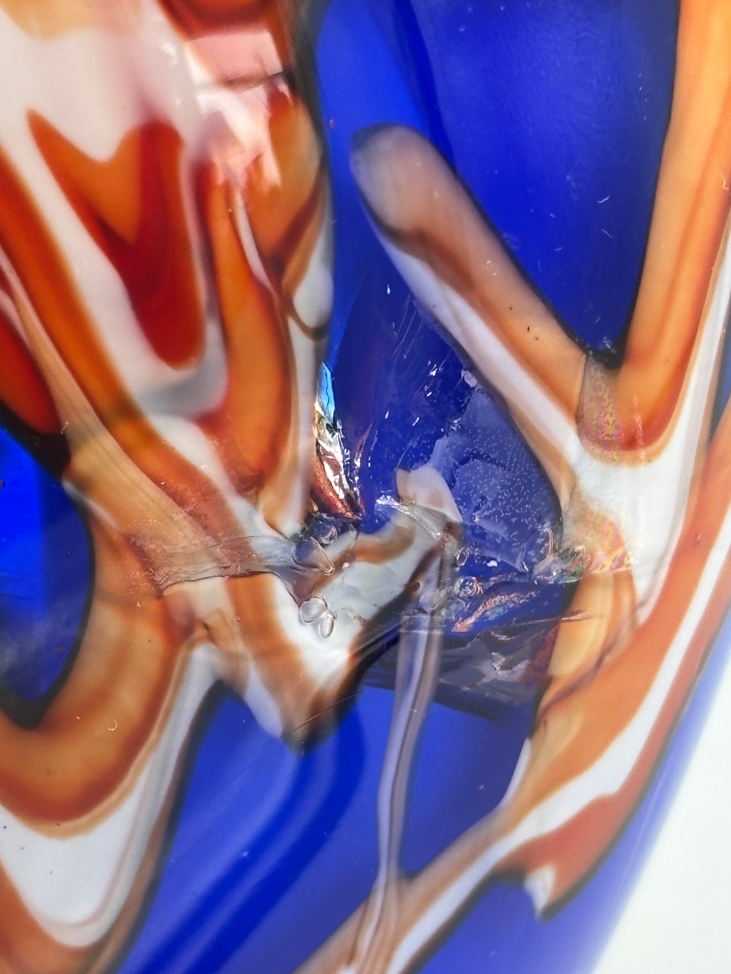 Vintage Blue art glass abstract orange & white swirl with horns