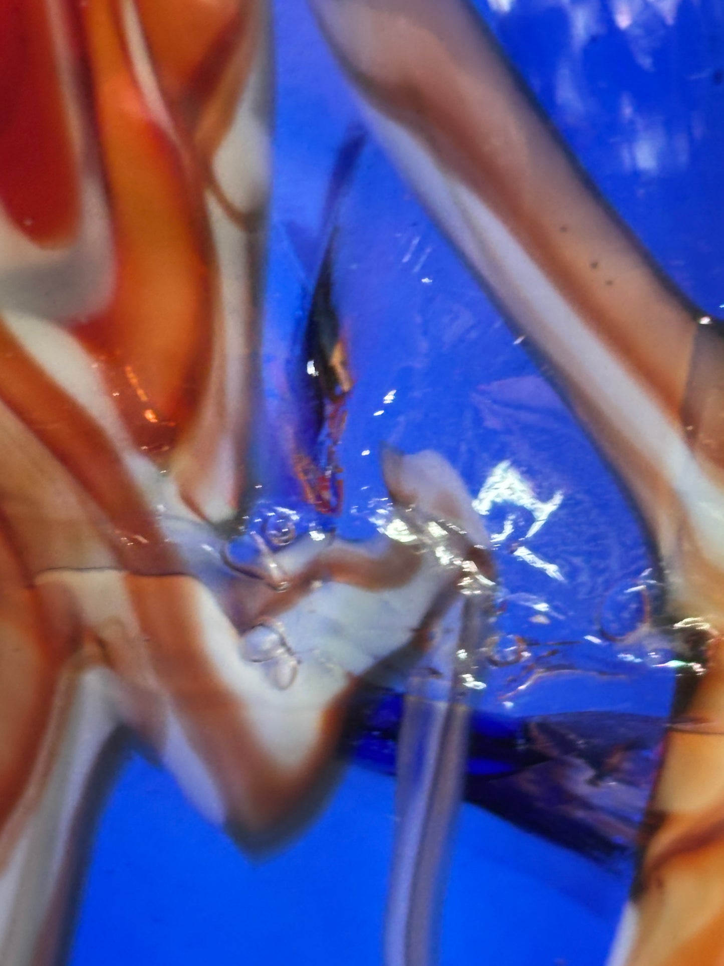 Vintage Blue art glass abstract orange & white swirl with horns