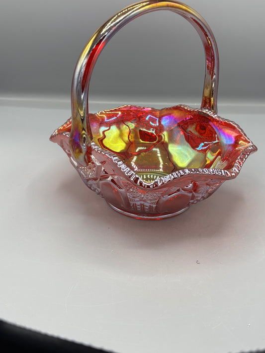 Vintage LE Smith Red Carnival Glass Basket in Quintec Pattern
