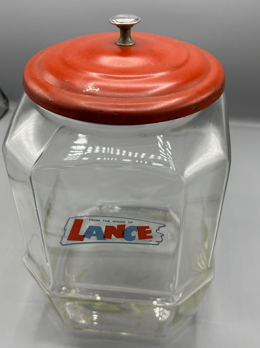 Vintage Lance glass Cracker jar with red lid