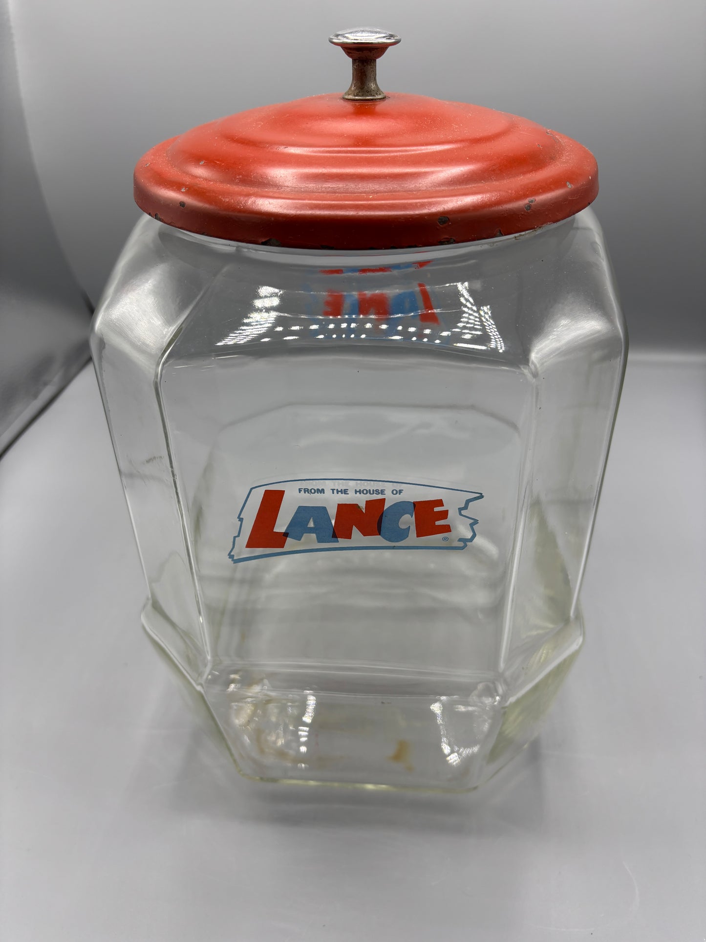 Vintage Lance glass Cracker jar with red lid