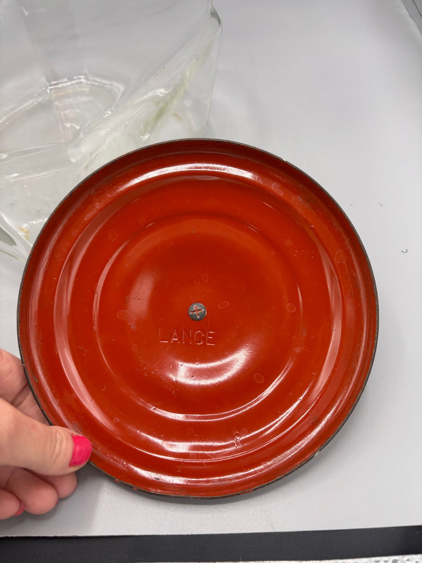 Vintage Lance glass Cracker jar with red lid