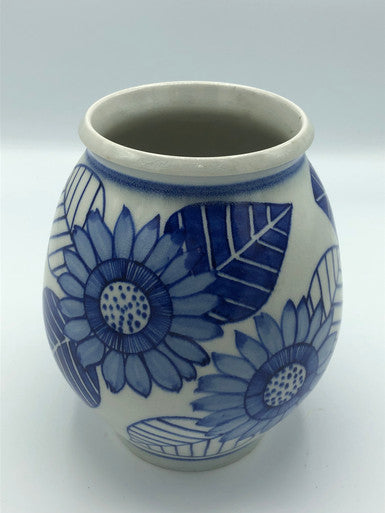 Signed Blue & White Flowered Vase