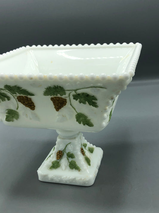 Westmoreland Beaded Painted Grape Milk Glass Dish