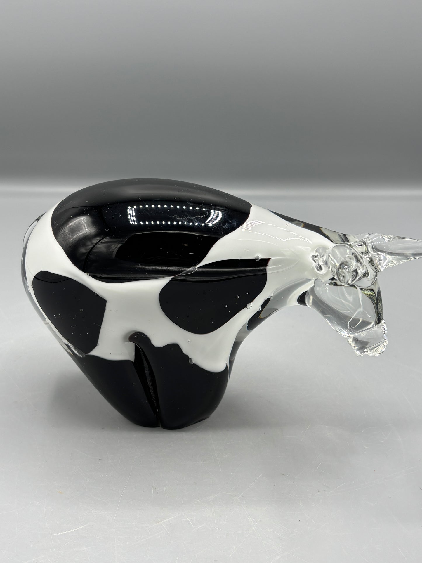 Vintage hand blown art glass black and white spot cow