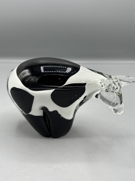 Vintage hand blown art glass black and white spot cow