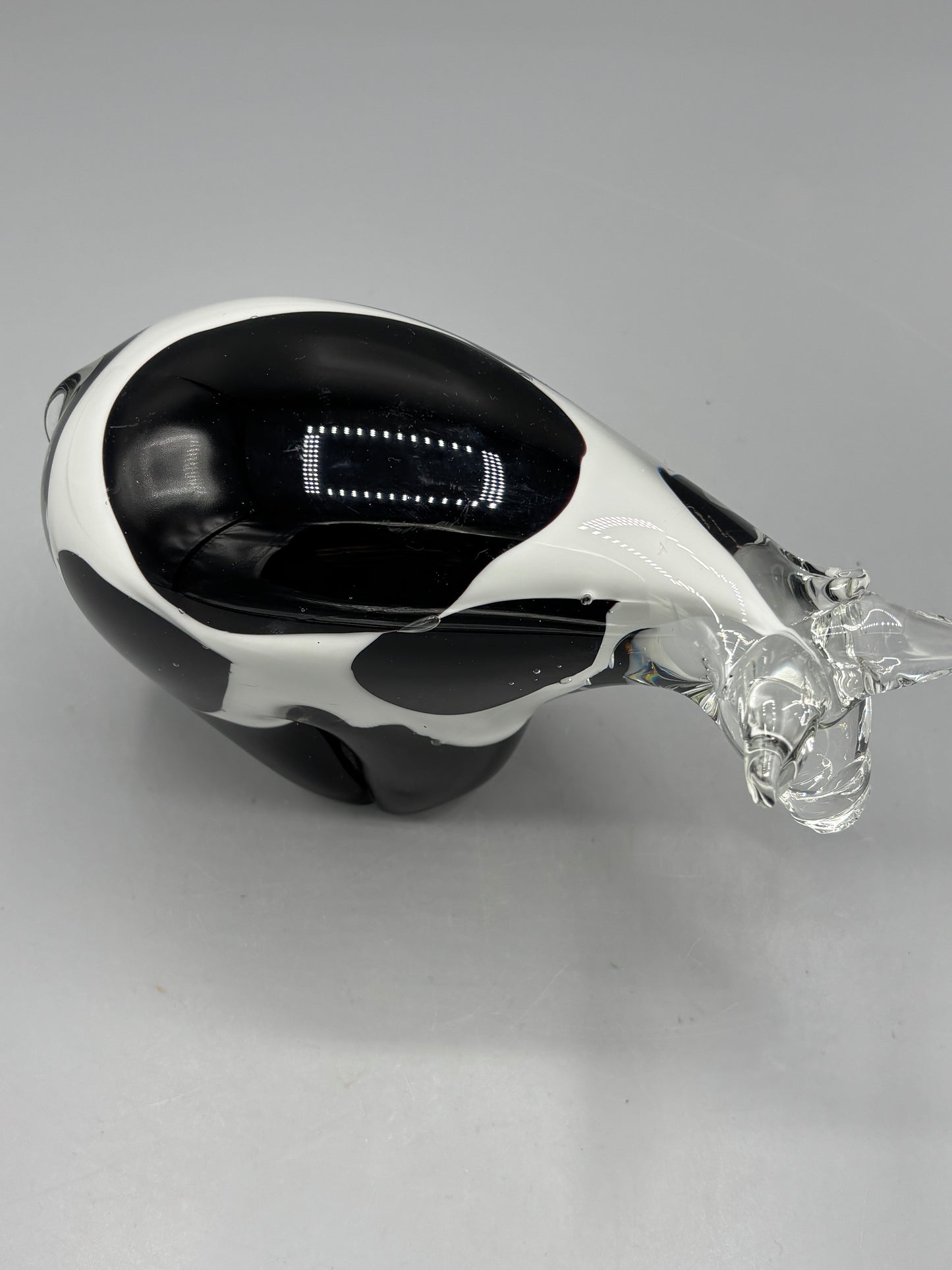 Vintage hand blown art glass black and white spot cow