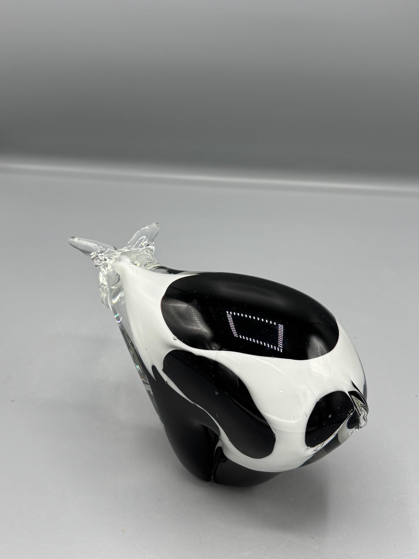 Vintage hand blown art glass black and white spot cow