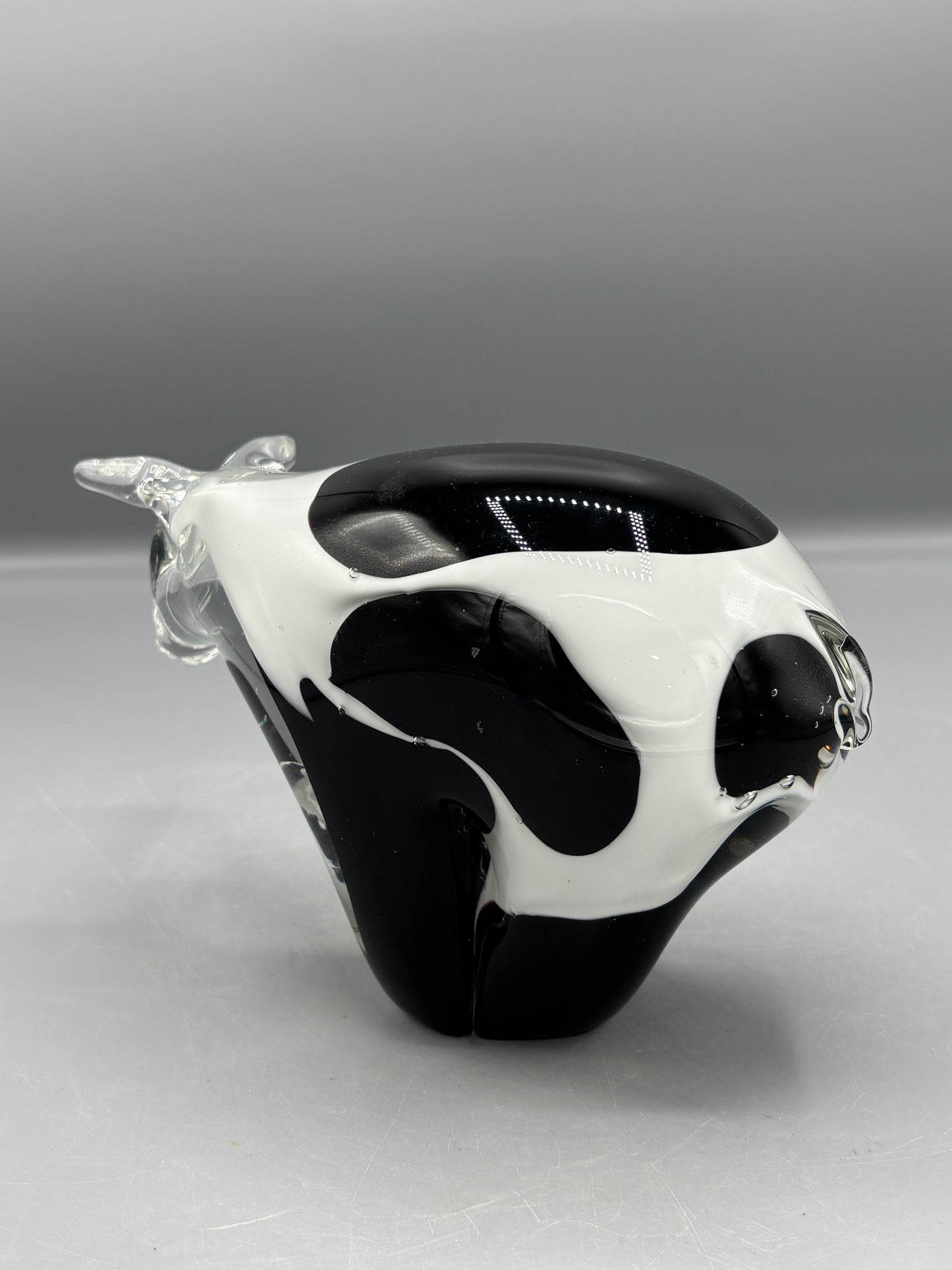 Vintage hand blown art glass black and white spot cow