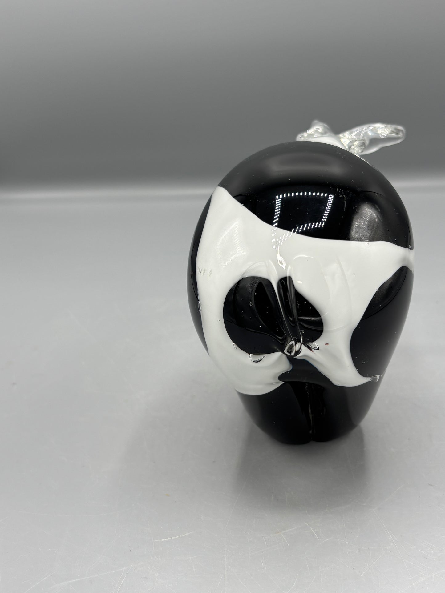 Vintage hand blown art glass black and white spot cow