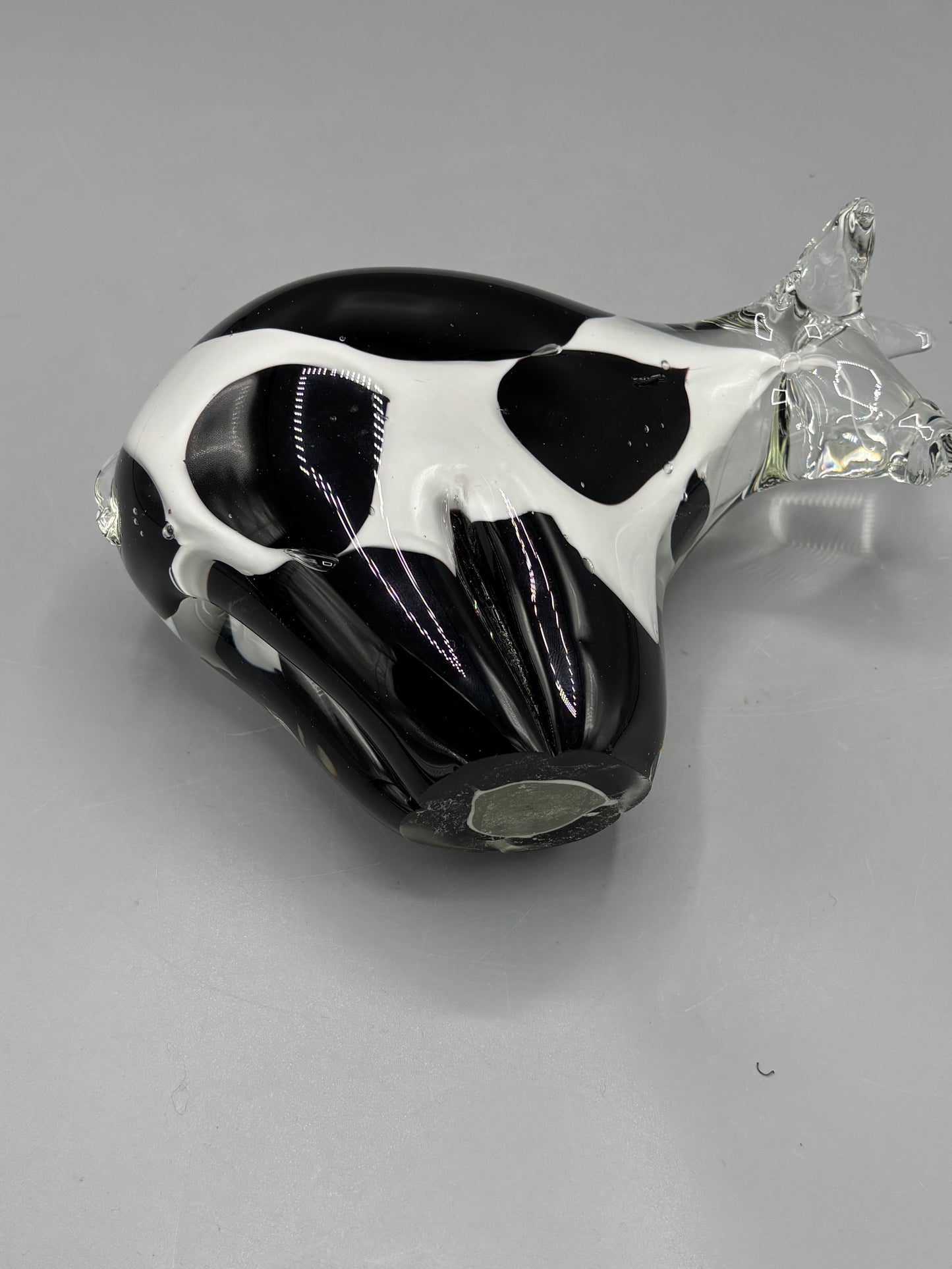 Vintage hand blown art glass black and white spot cow