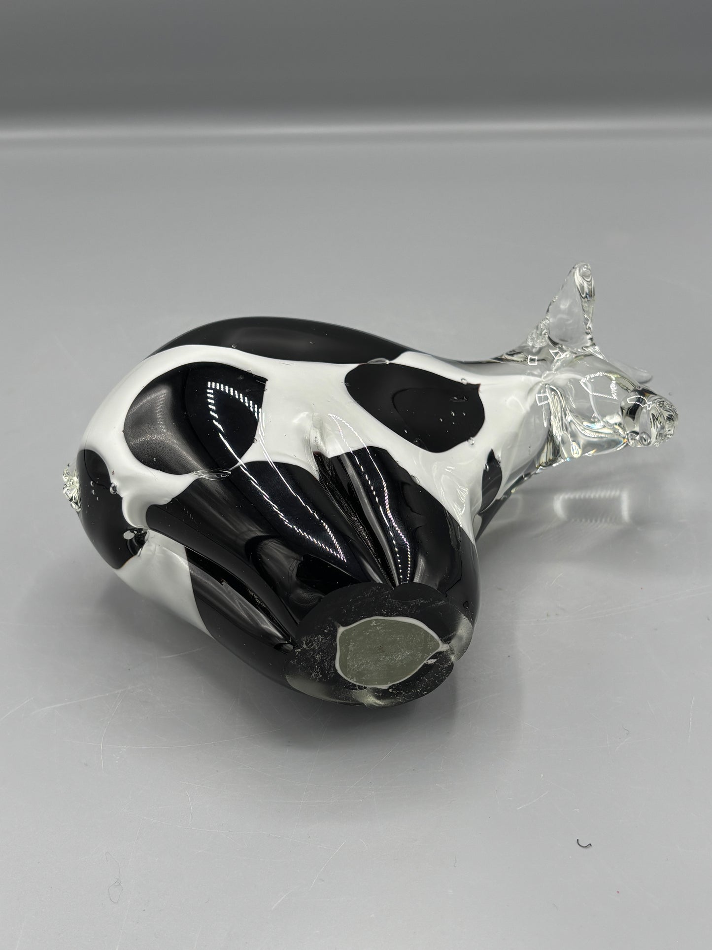 Vintage hand blown art glass black and white spot cow