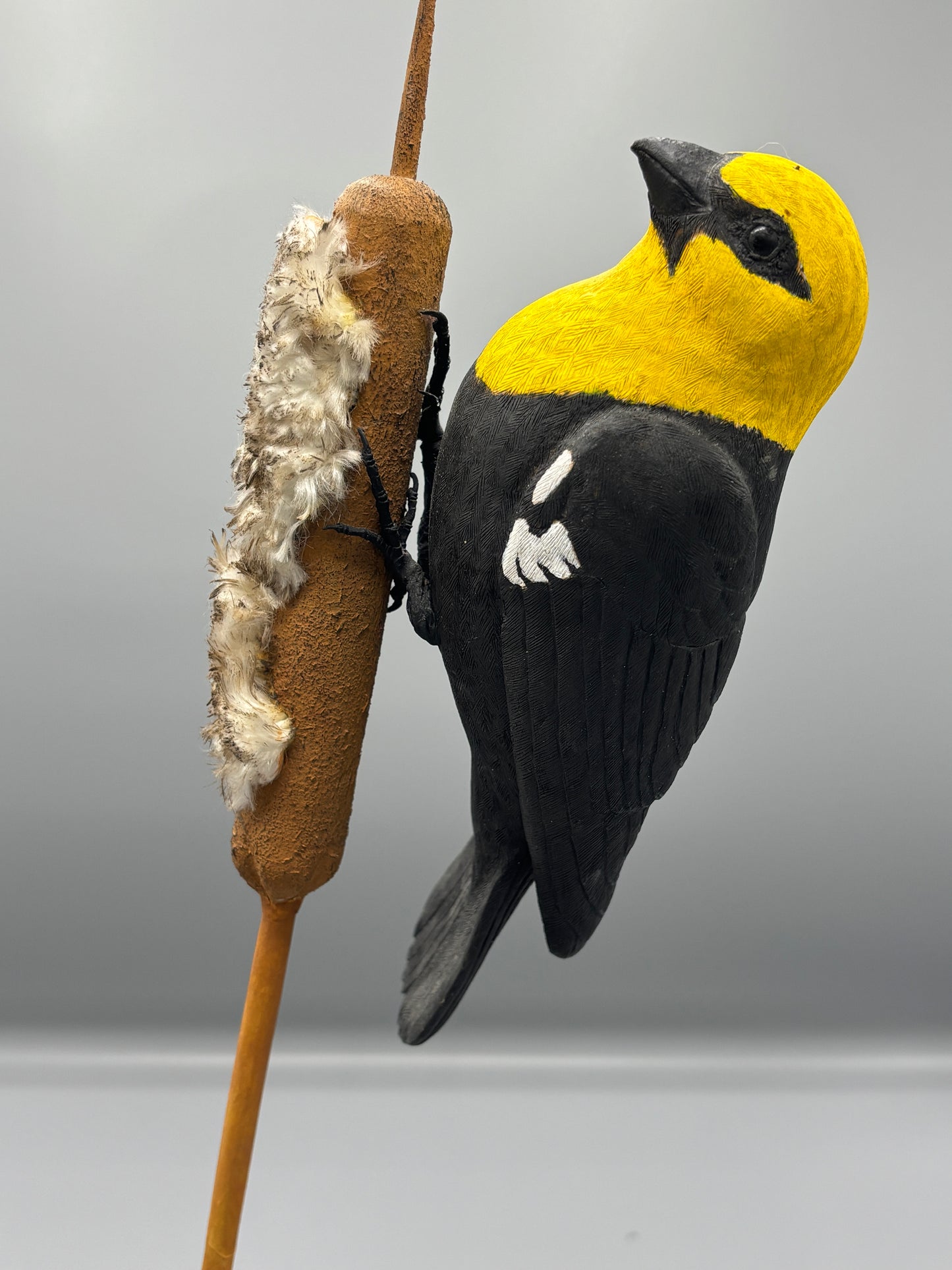 Yellow headed black bird wood carving