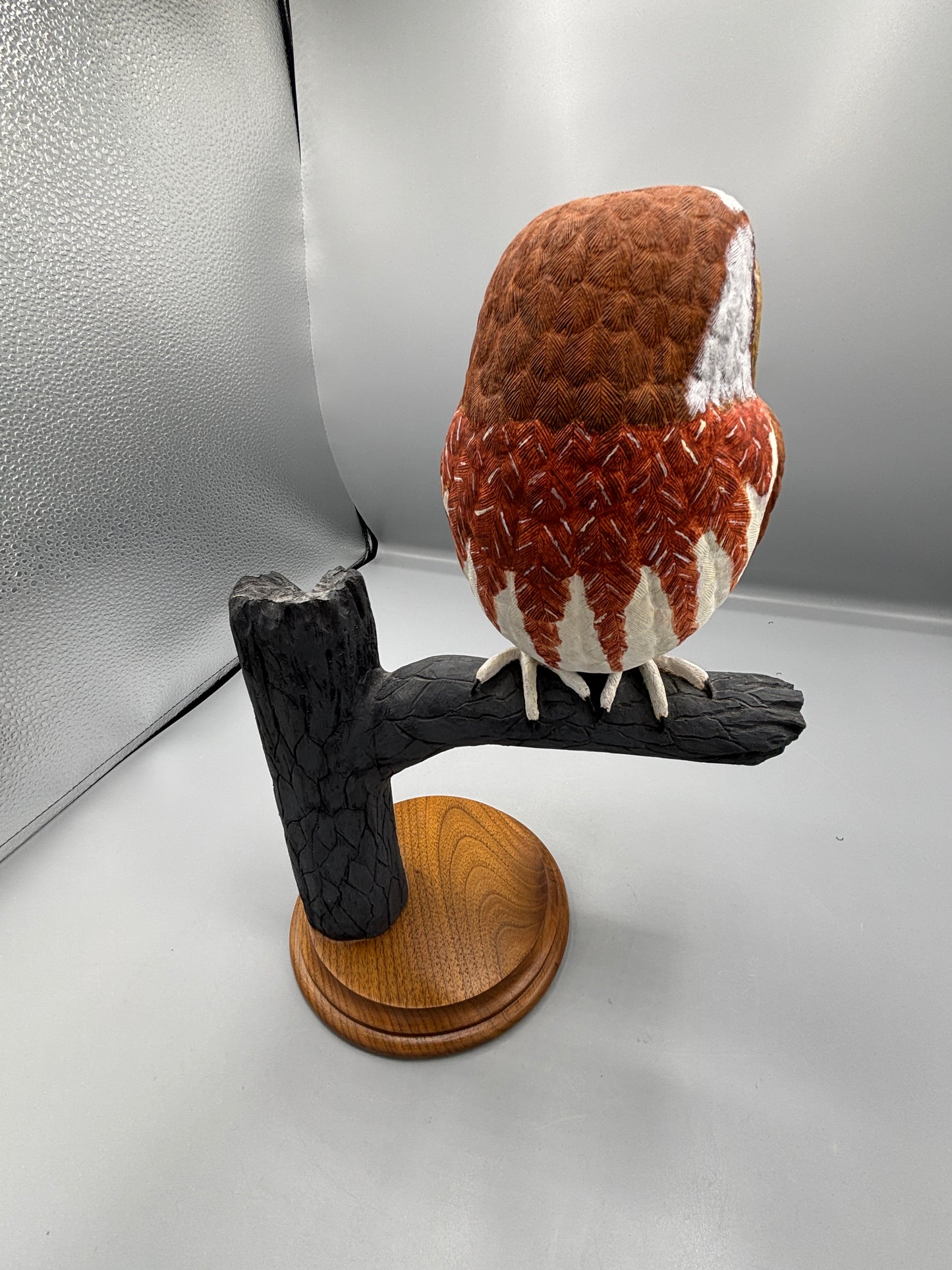 Wooden hand carved Saw Whet Owl on perch