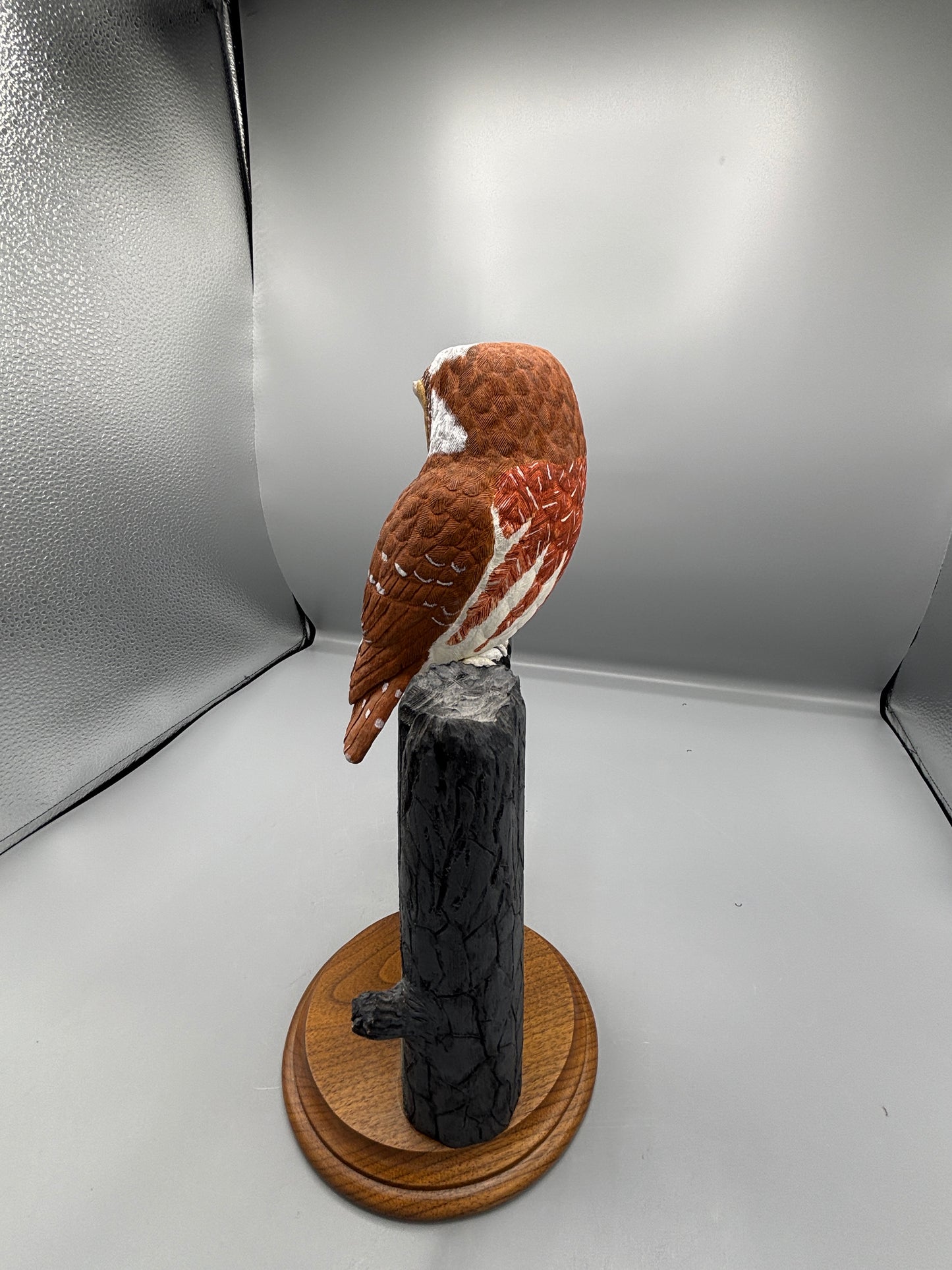 Wooden hand carved Saw Whet Owl on perch