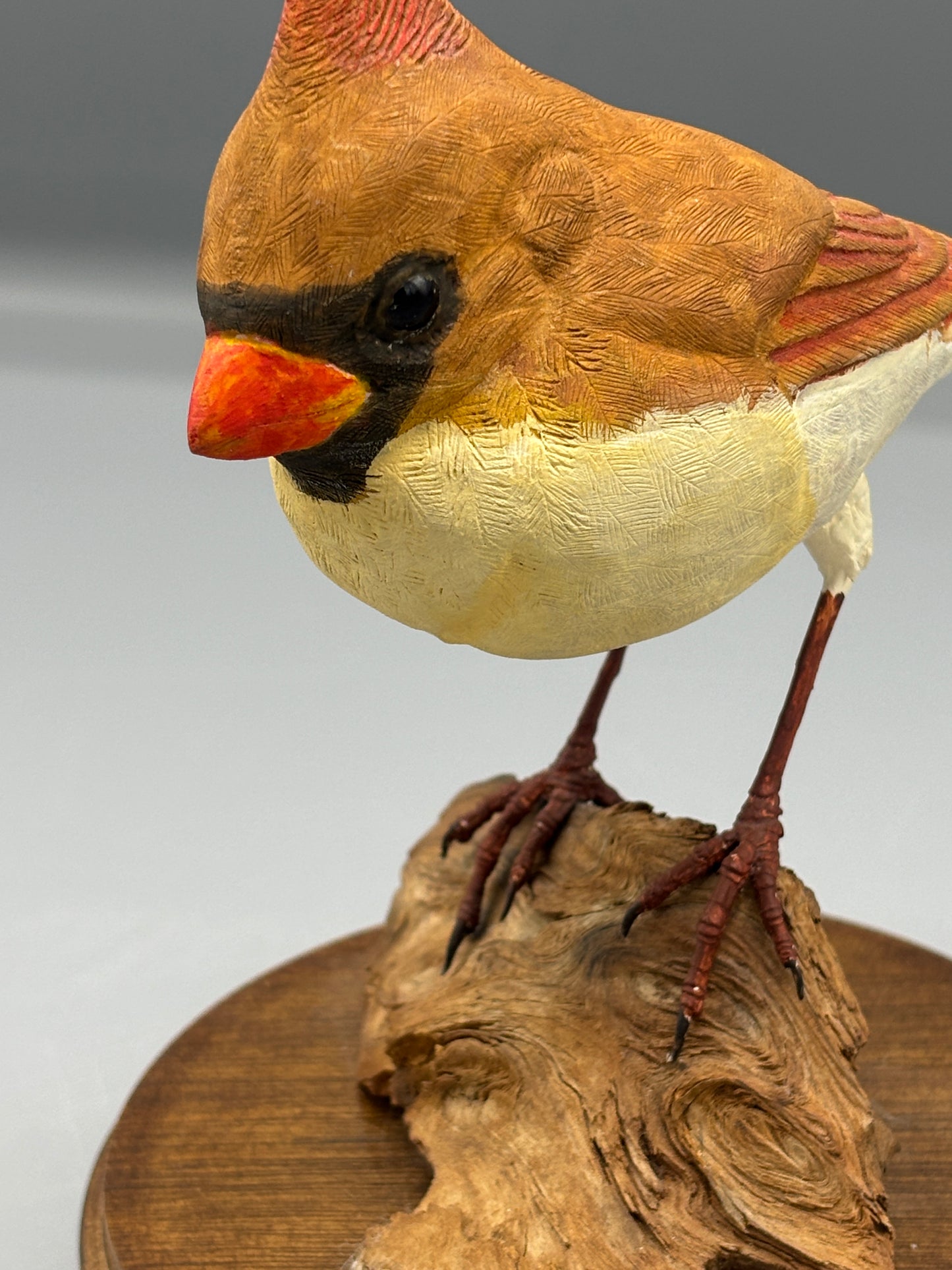 Female Cardinal bird on wood figure