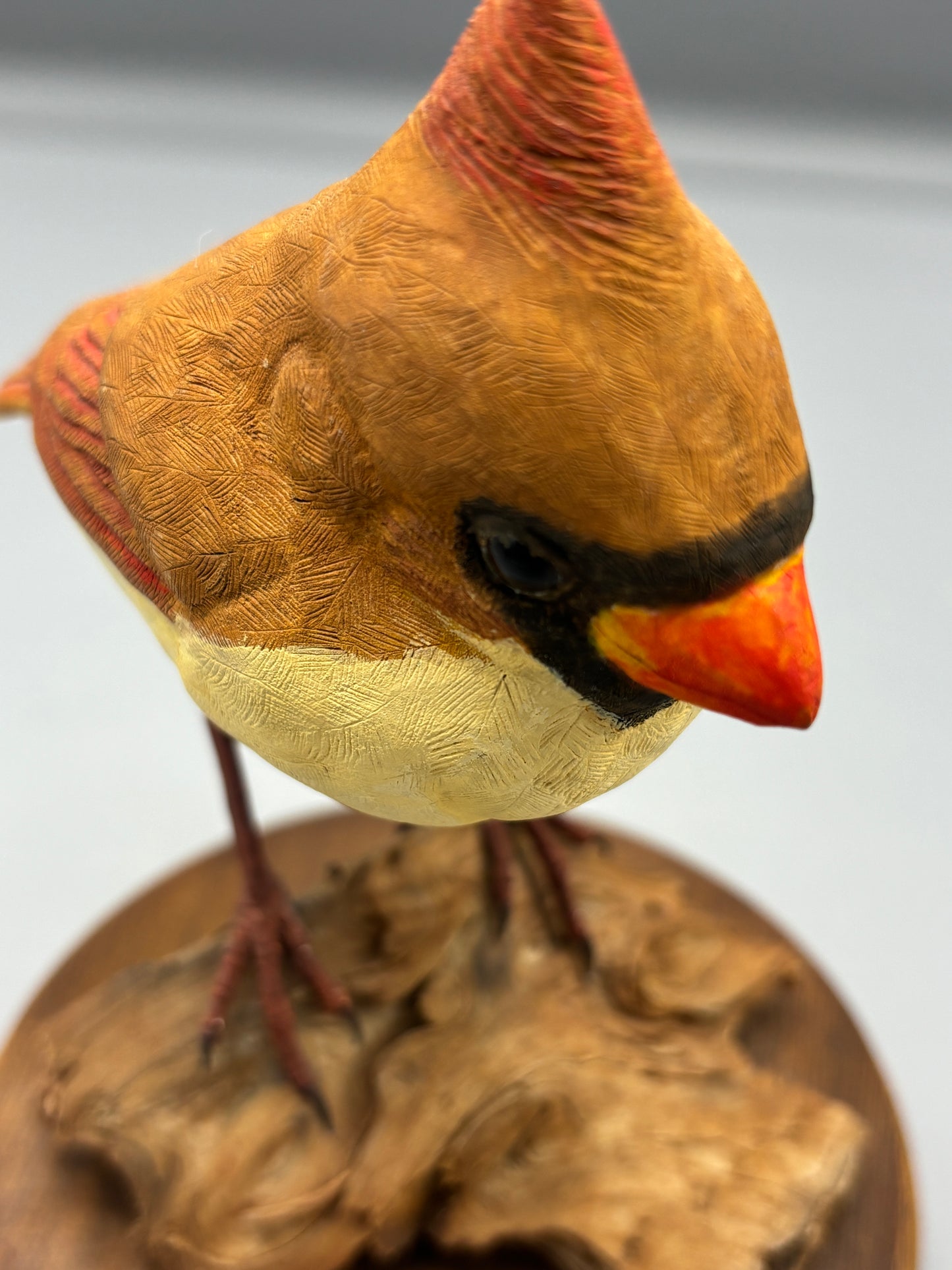 Female Cardinal bird on wood figure