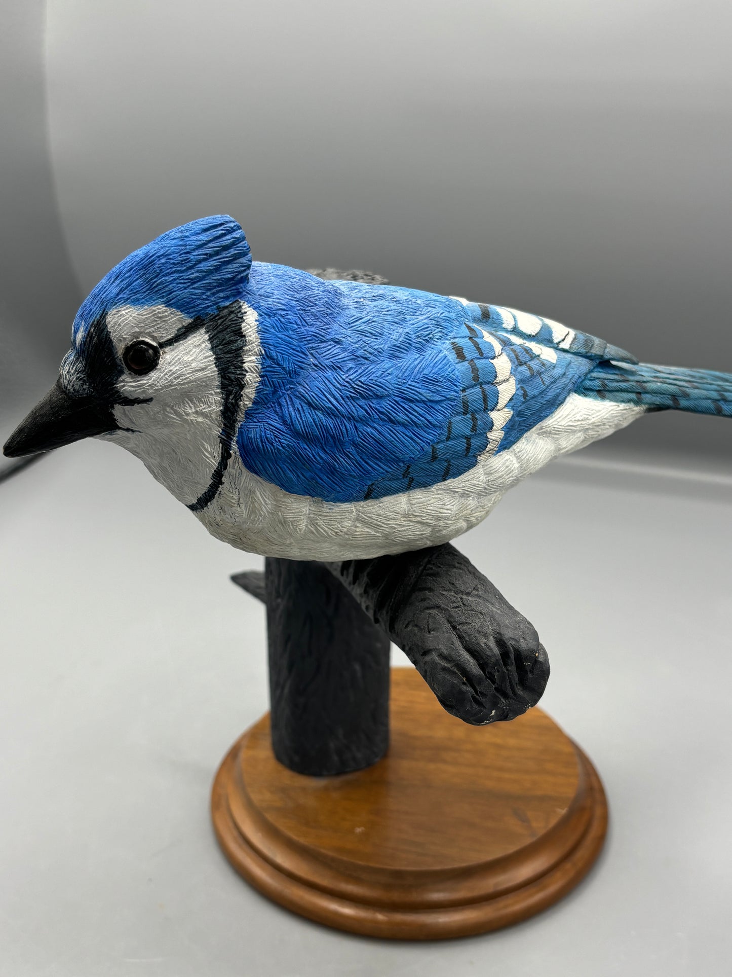 Wooden hand carved Blue Jay on branch