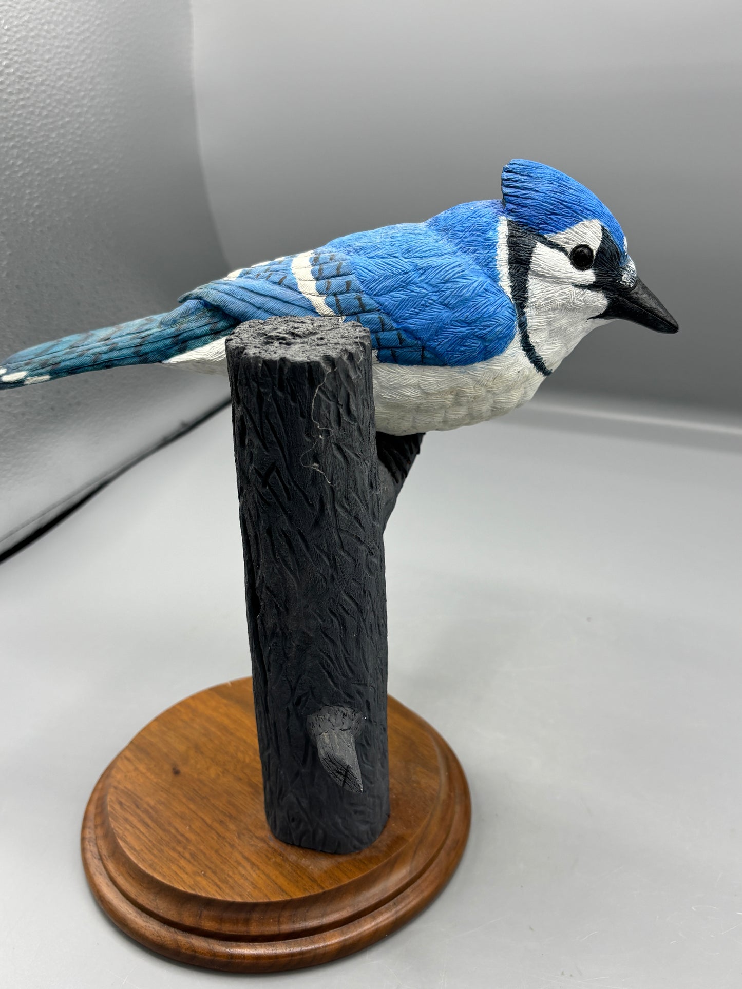 Wooden hand carved Blue Jay on branch