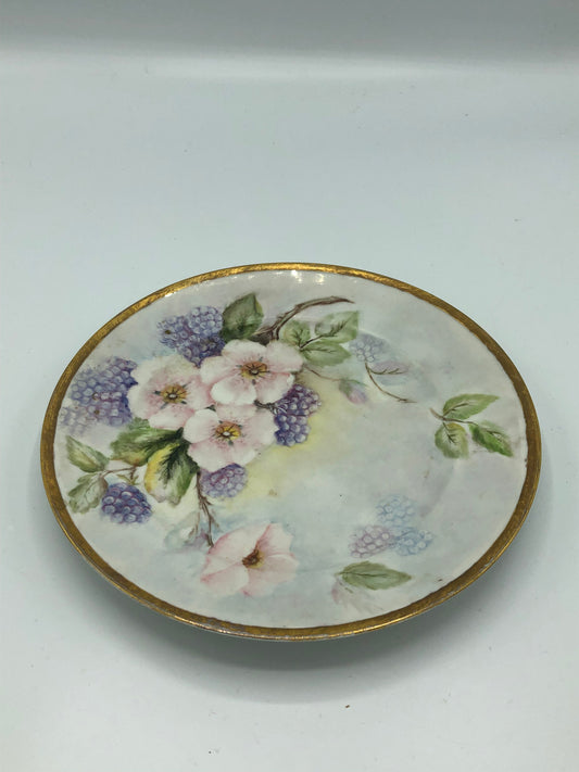 Handpainted Purple & Pink flower plate with gold trim