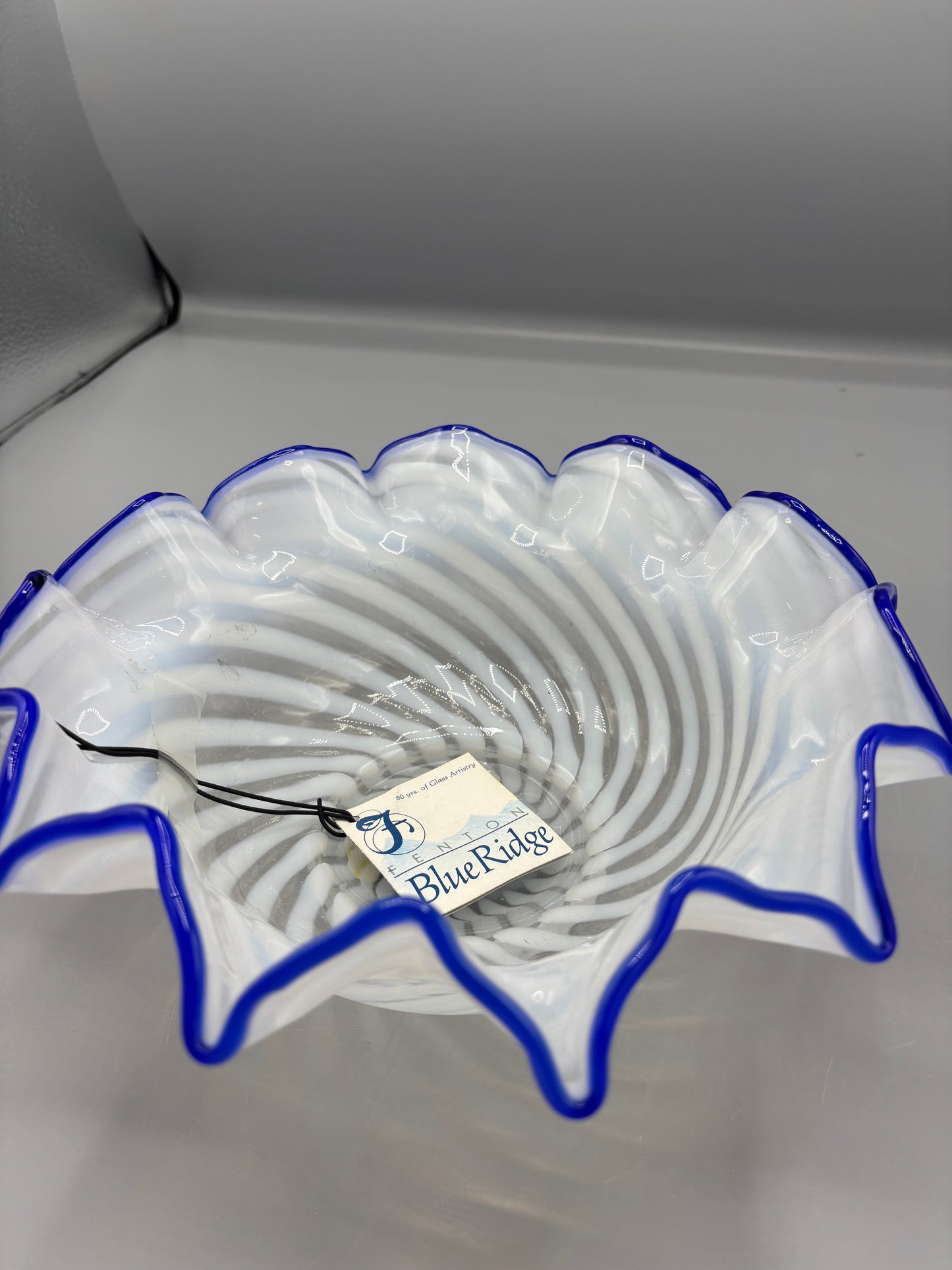 Vintage Fenton Blue Ridge White Opalescent Cobalt Crest Bowl