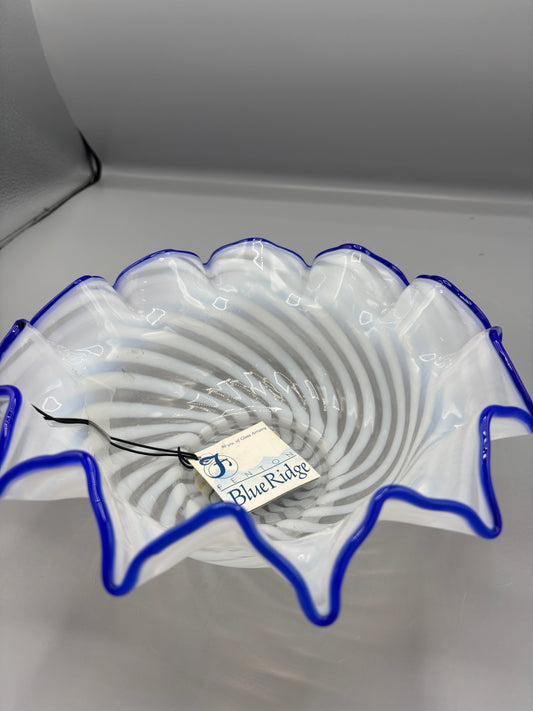 Vintage Fenton Blue Ridge White Opalescent Cobalt Crest Bowl