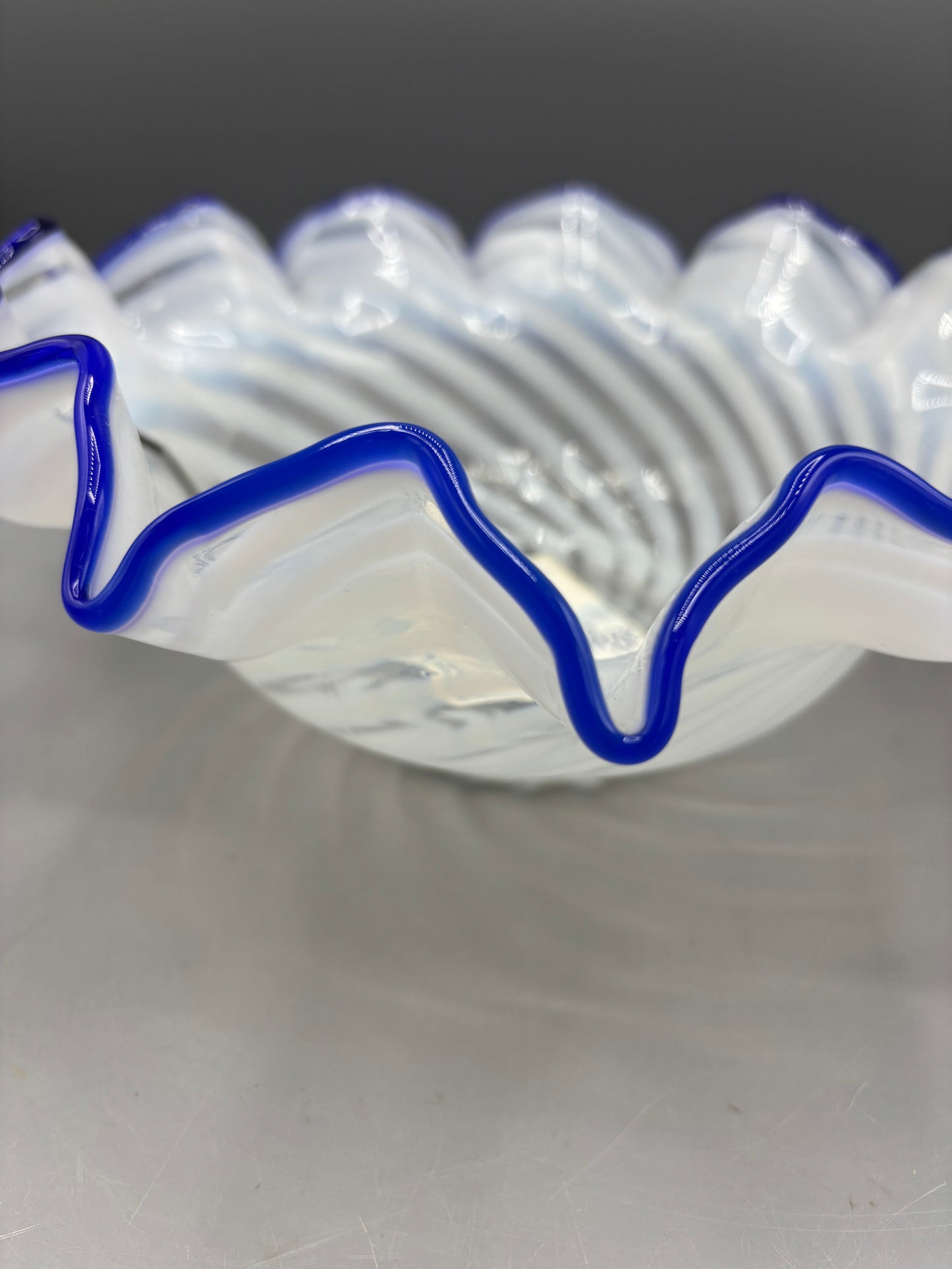 Vintage Fenton Blue Ridge White Opalescent Cobalt Crest Bowl