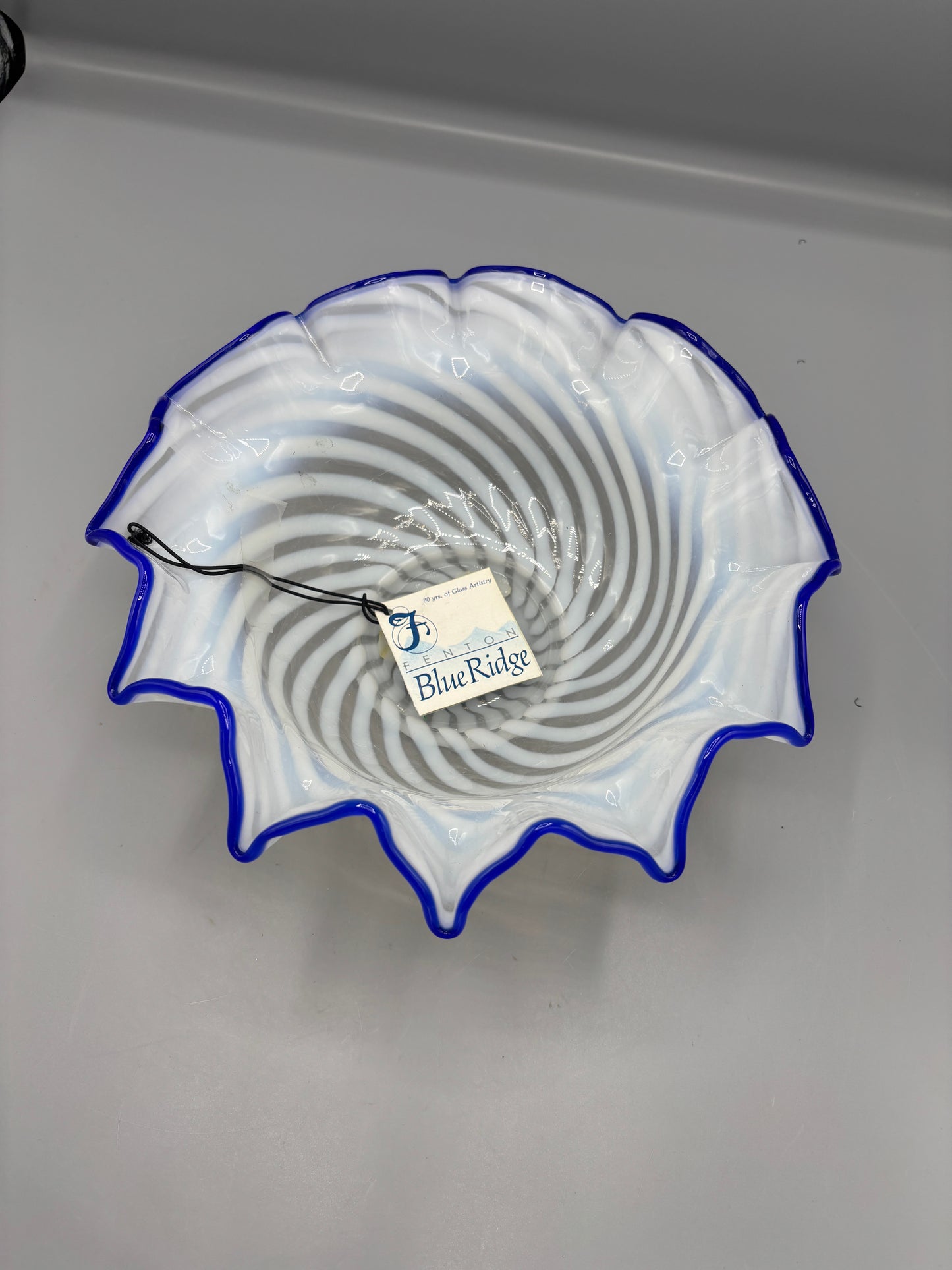 Vintage Fenton Blue Ridge White Opalescent Cobalt Crest Bowl