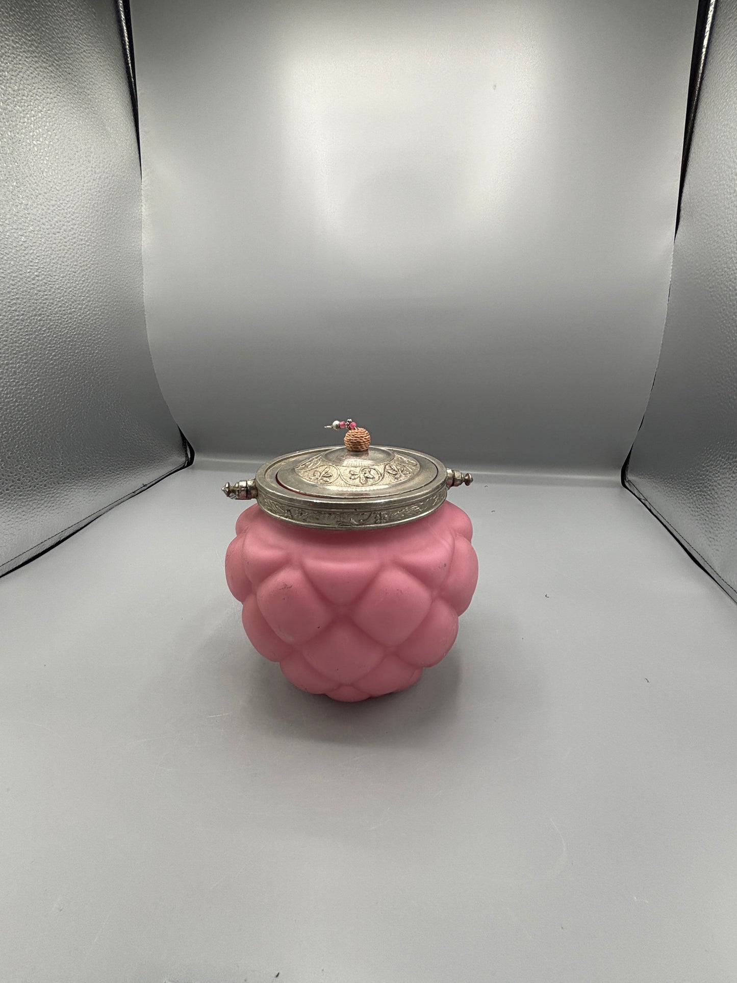 Antique Consolidated glass pink satin quilted biscuit jar