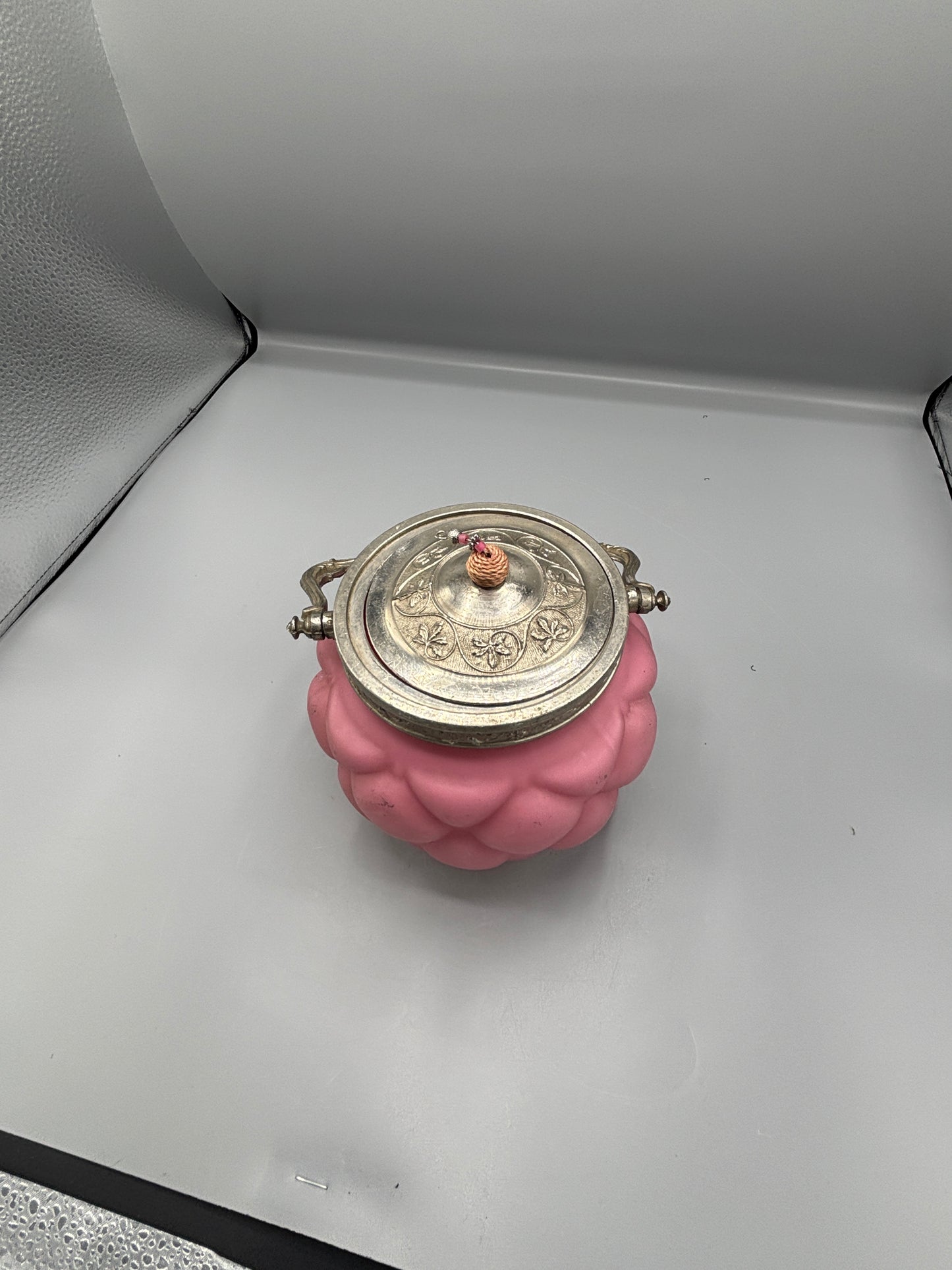Antique Consolidated glass pink satin quilted biscuit jar