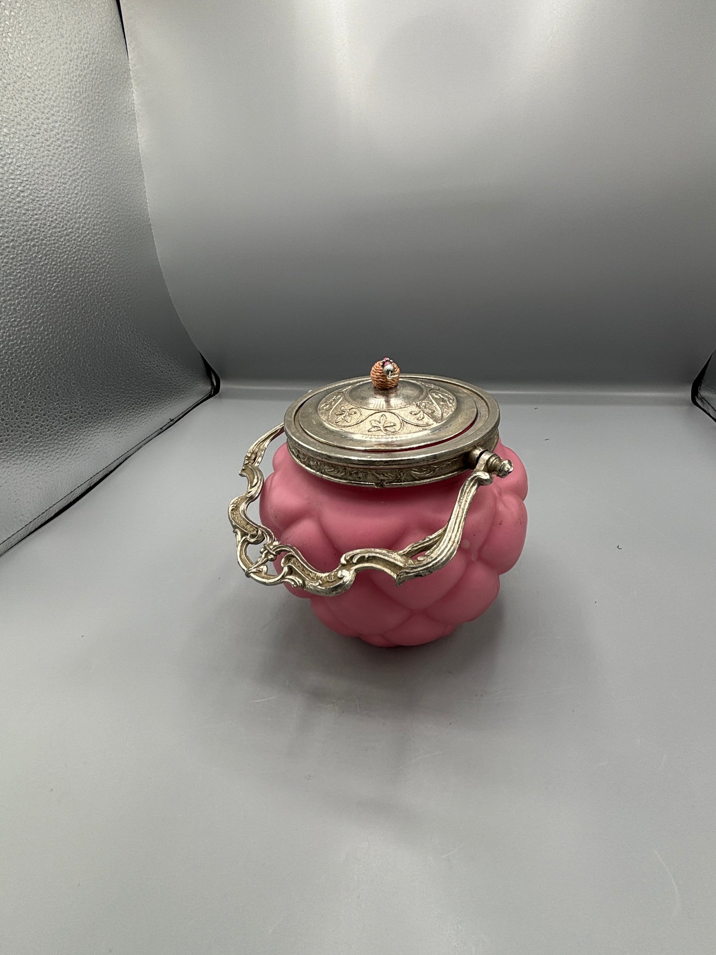 Antique Consolidated glass pink satin quilted biscuit jar